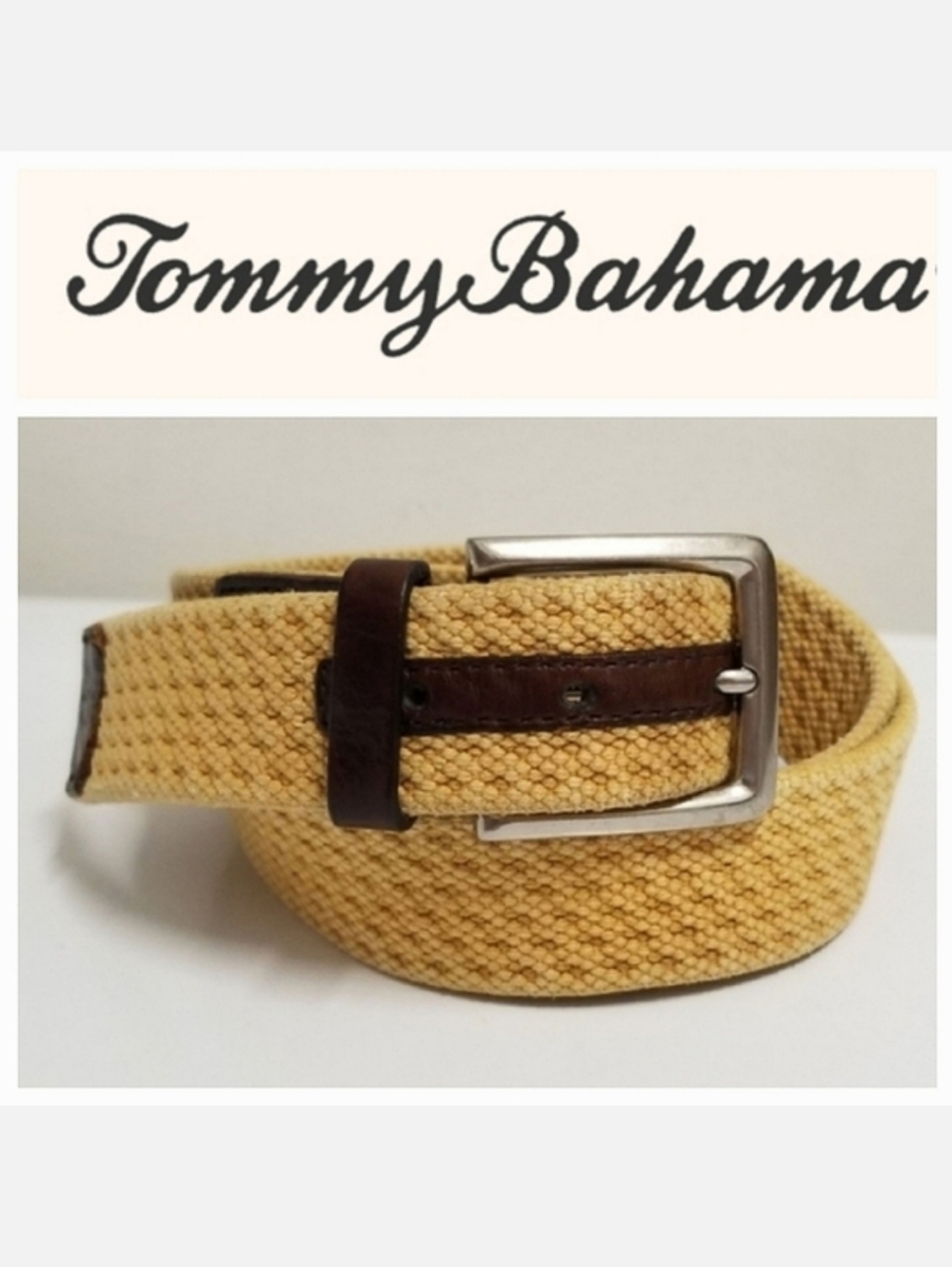 Tommy Bahama Tan Canvas Belt with Brown Leather Accents 38